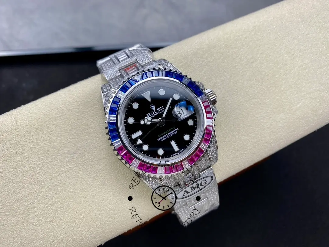 Full watch view of the Rolex GMT Master AMG 126710BLRO on pillow, bracelet and dial shown.