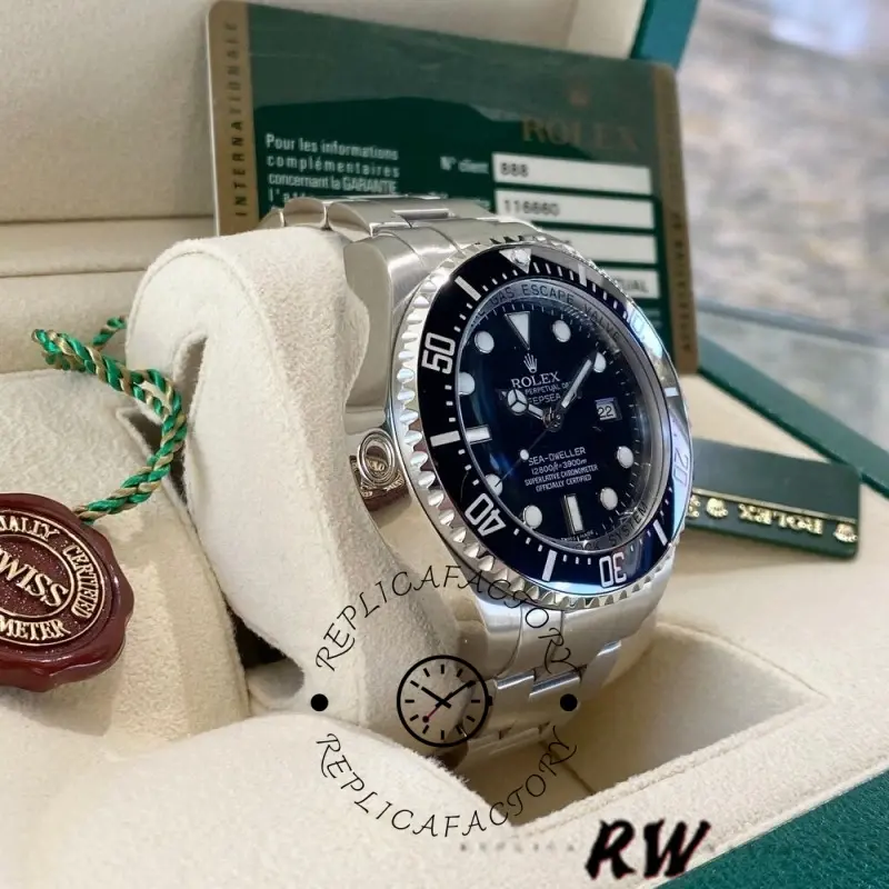 Display angle of the Rolex Sea-Dweller Deepsea 116660 on cushion with box behind.