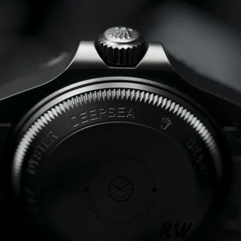 Rear view of the Rolex Sea-Dweller Deepsea 116660 PVD/DLC showing back case and bezel edge.