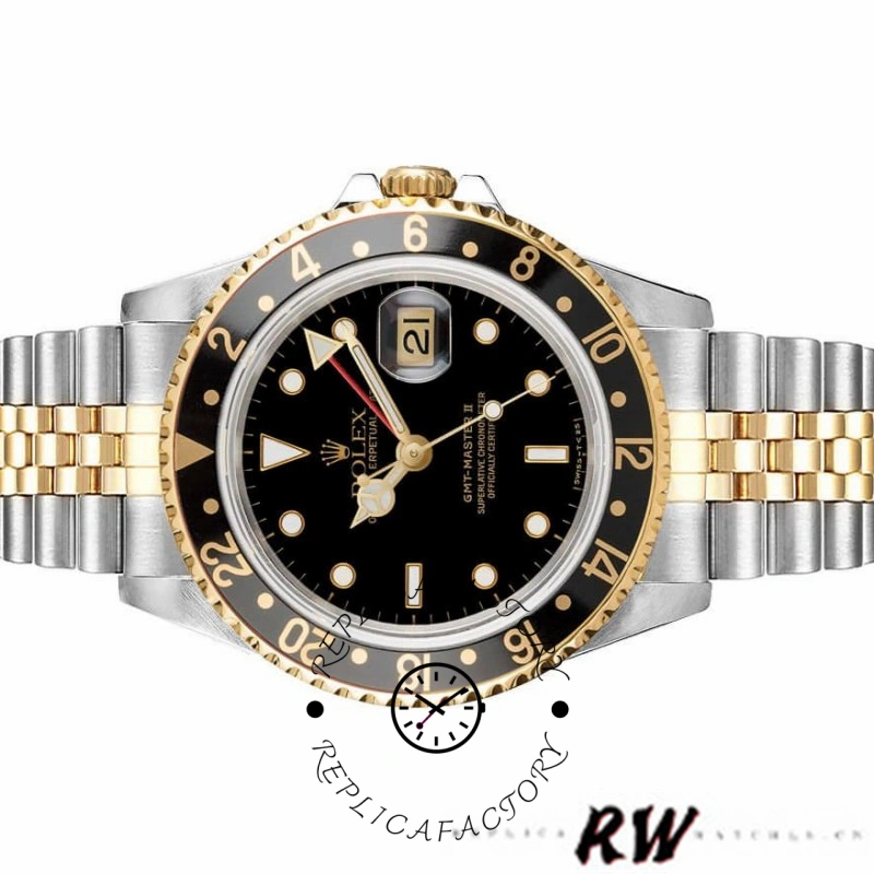 Front view of the Rolex GMT-Master II 16713LN laid flat, black dial and bezel visible.