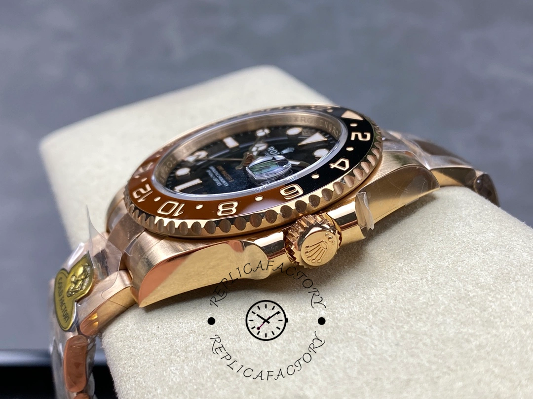 Low side angle of Rolex GMT-Master II 126715CHNR showing lug shape and bezel profile.