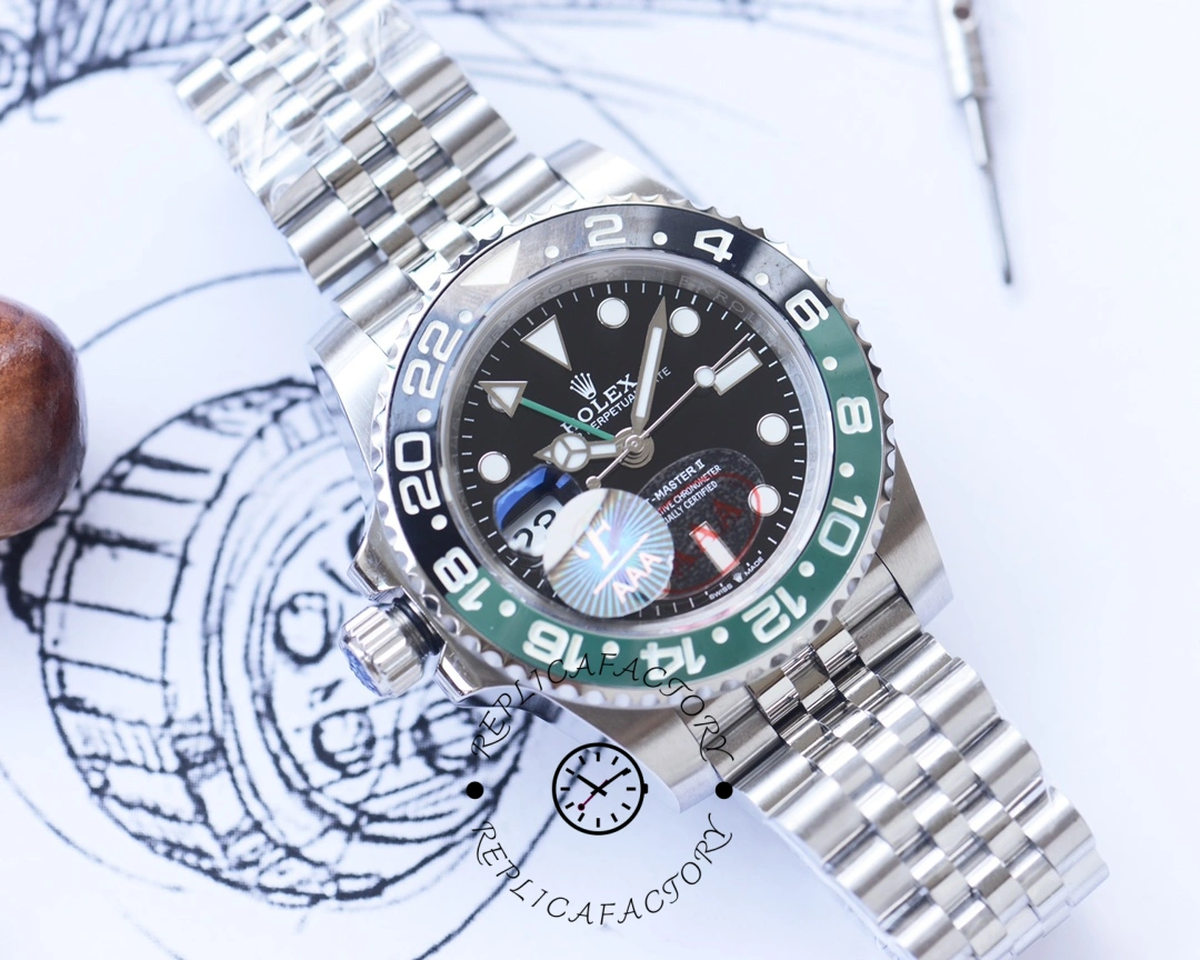 Studio angled view of the Rolex GMT-Master II 126720VTNR showing bezel and case profile.