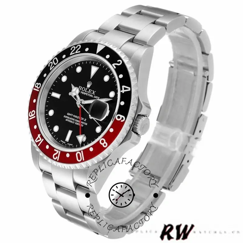 Three-quarter view of Rolex GMT-Master II 16710, black dial, Coke bezel, polished case.