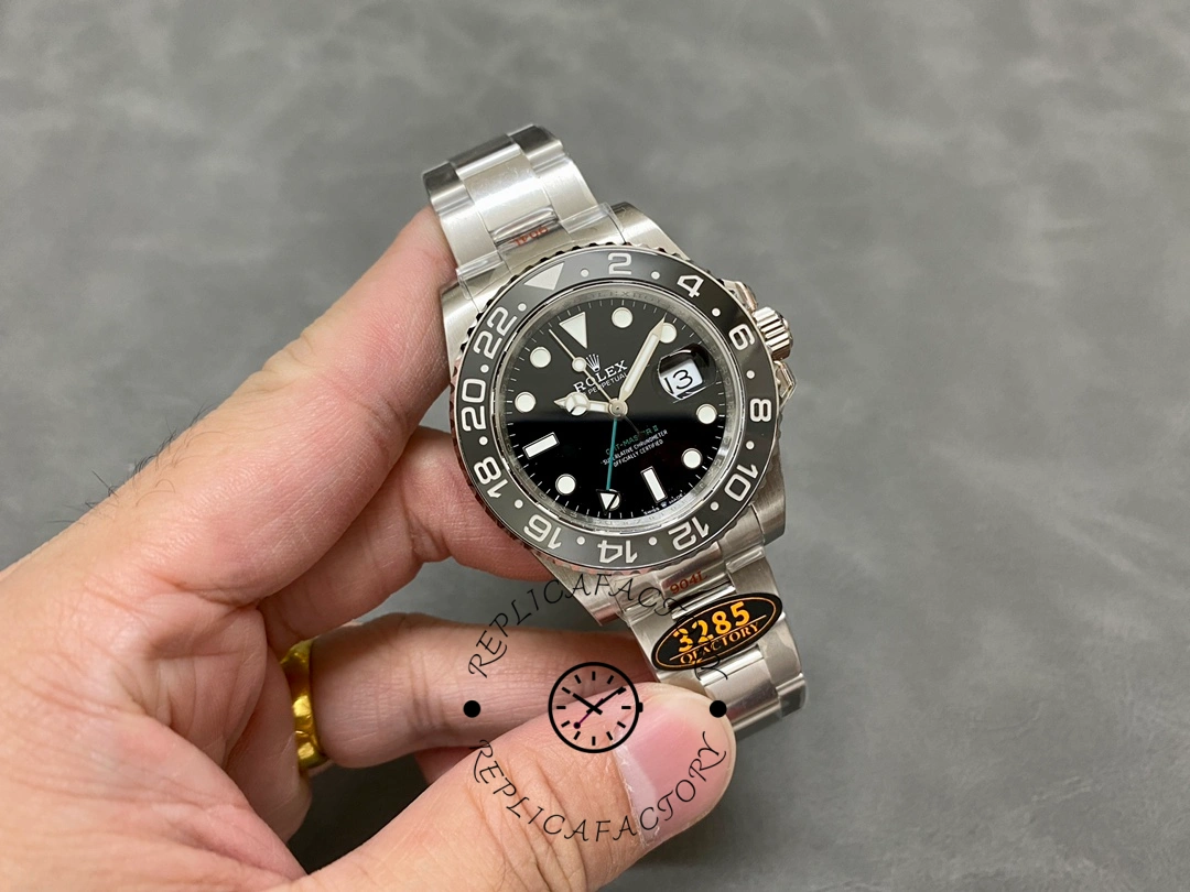 Full watch shot of Rolex GMT-Master II 116710LN on display, black dial and black ceramic bezel.