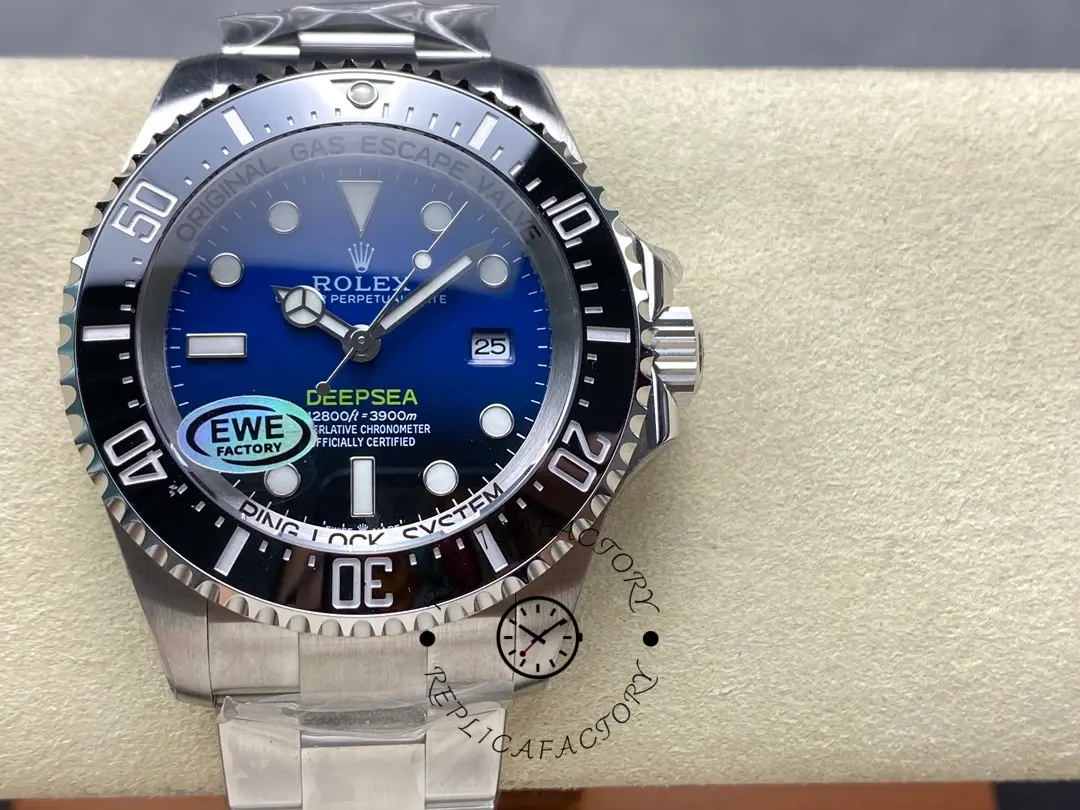 Rolex Sea-Dweller Deepsea 136660 0005, front view on cushion showing black-blue dial.