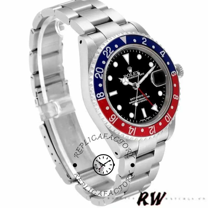 Rolex GMT-Master II 16710, product angled view on white background with Pepsi bezel.