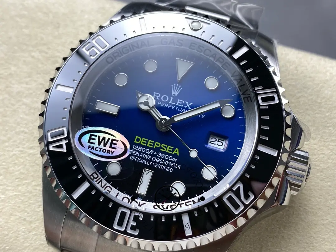 Rolex Sea-Dweller Deepsea 136660 0005, dial macro showing bezel scale and blue gradient.