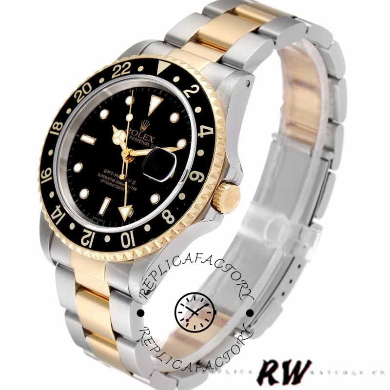 Rolex GMT-Master II 16713LN, three-quarter view highlighting black dial and gold center links.