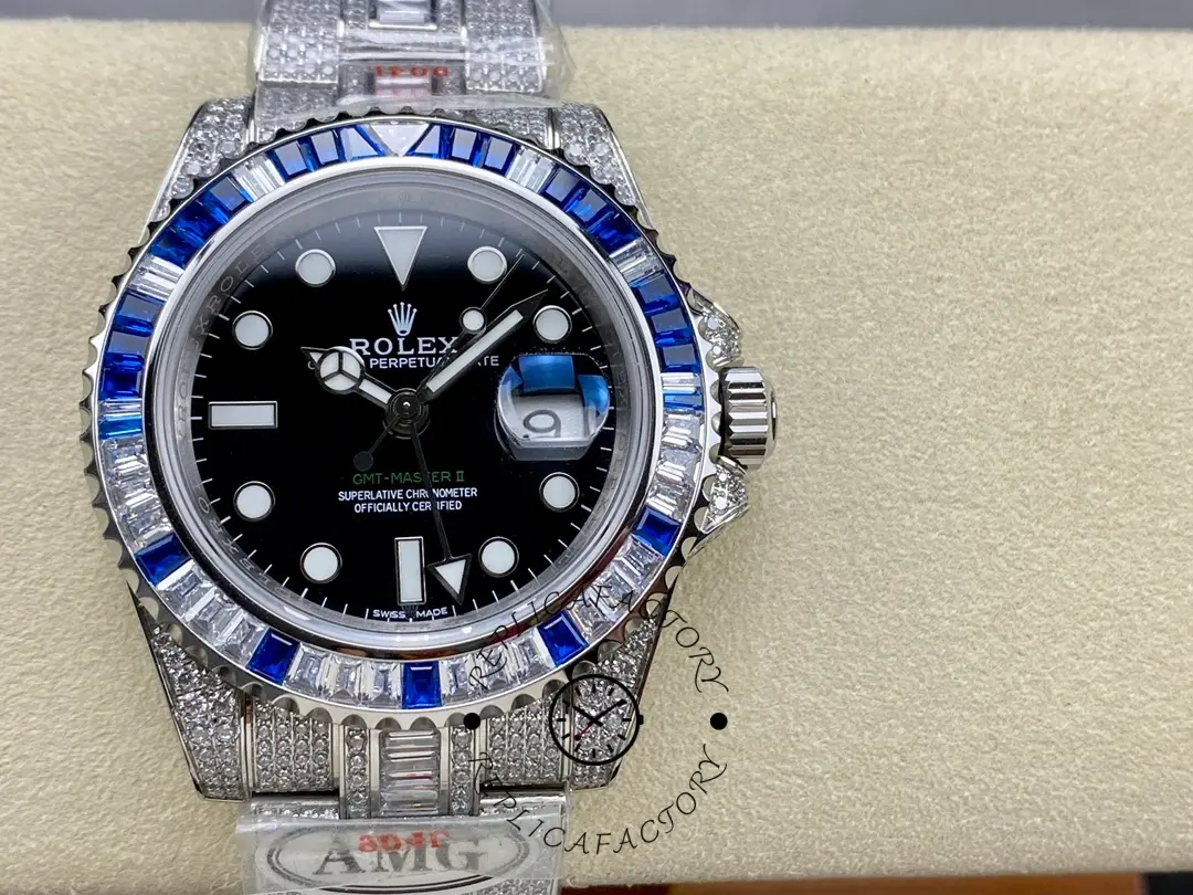 Rolex GMT Master AMG 126710BLRO, front view on cushion showing black dial and diamond bezel.