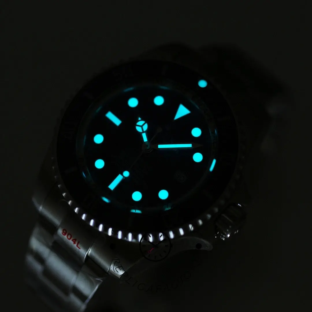 Rolex Sea-Dweller Deepsea 136660 0005, lume shot showing glowing markers and hands.