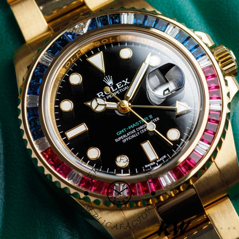 Rolex GMT-Master II 116758 lifestyle close-up, black dial with gem-set bezel, gold bracelet.