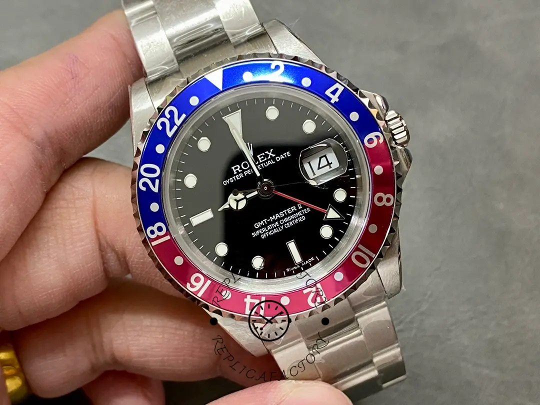 Rolex GMT-Master II 16710, wrist-tilted view showing bracelet and bezel edge.