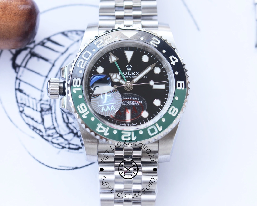 Studio front view of the Rolex GMT-Master II 126720VTNR, black dial and green-black bezel.