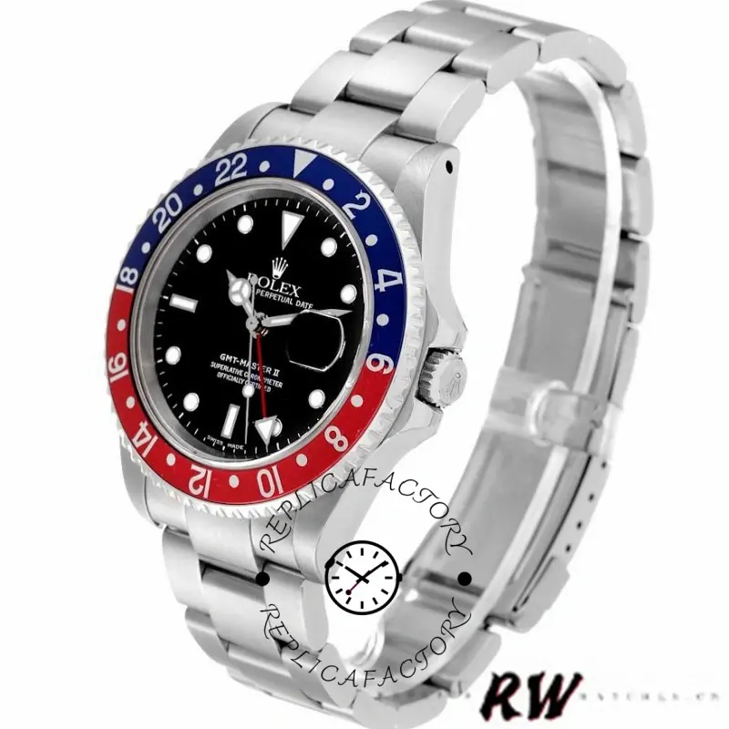 Rolex GMT-Master II 16710, product side view on white background showing bracelet shape.