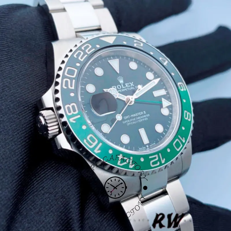 Close-up of Rolex GMT-Master II 126720VTNR showing green bezel section and crown side.
