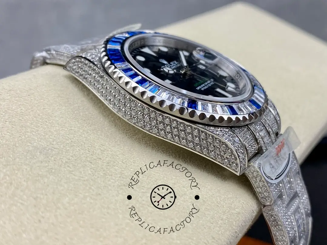 Rolex GMT Master AMG 126710BLRO, side angle showing diamond-set case and bezel height.