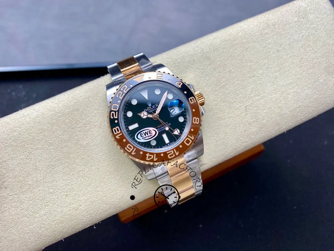 Wrist-on-roll shot of Rolex GMT-Master II 126711CHNR, showing two-tone bracelet fit.