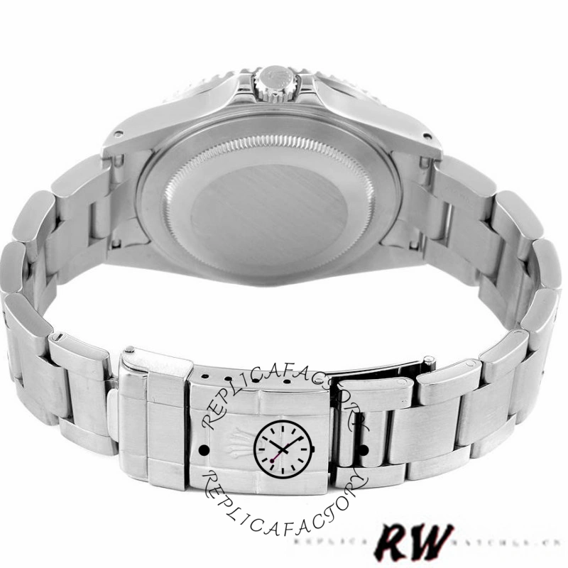 Rolex GMT-Master II 16710 case back view, stainless steel back and Oyster bracelet, rear angle.