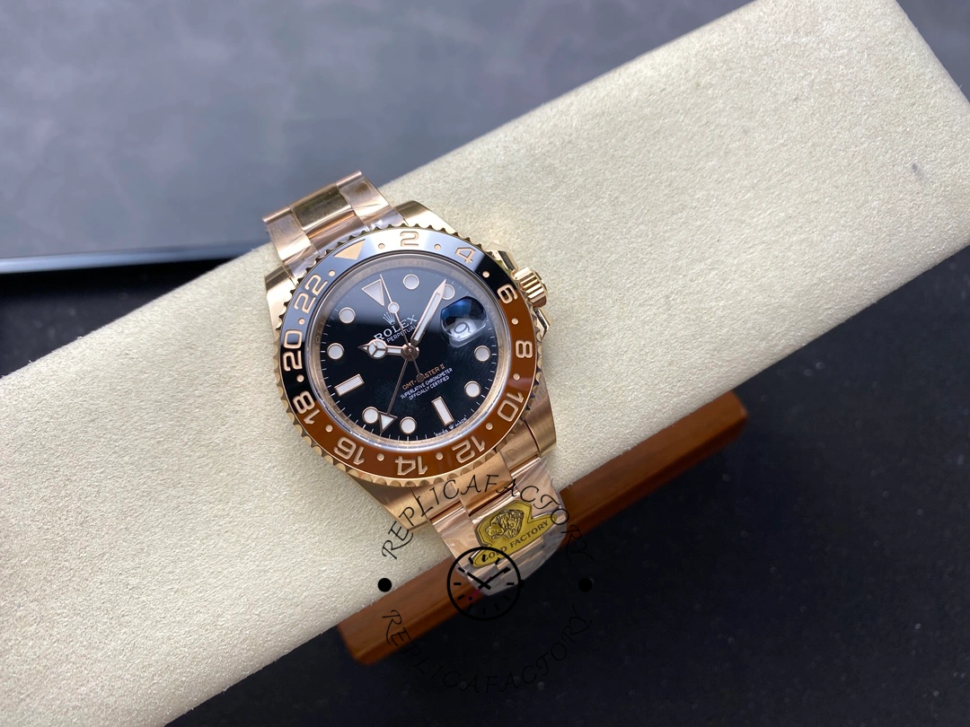Wrist-on-roll view of Rolex GMT-Master II 126715CHNR showing full watch and bracelet fit.