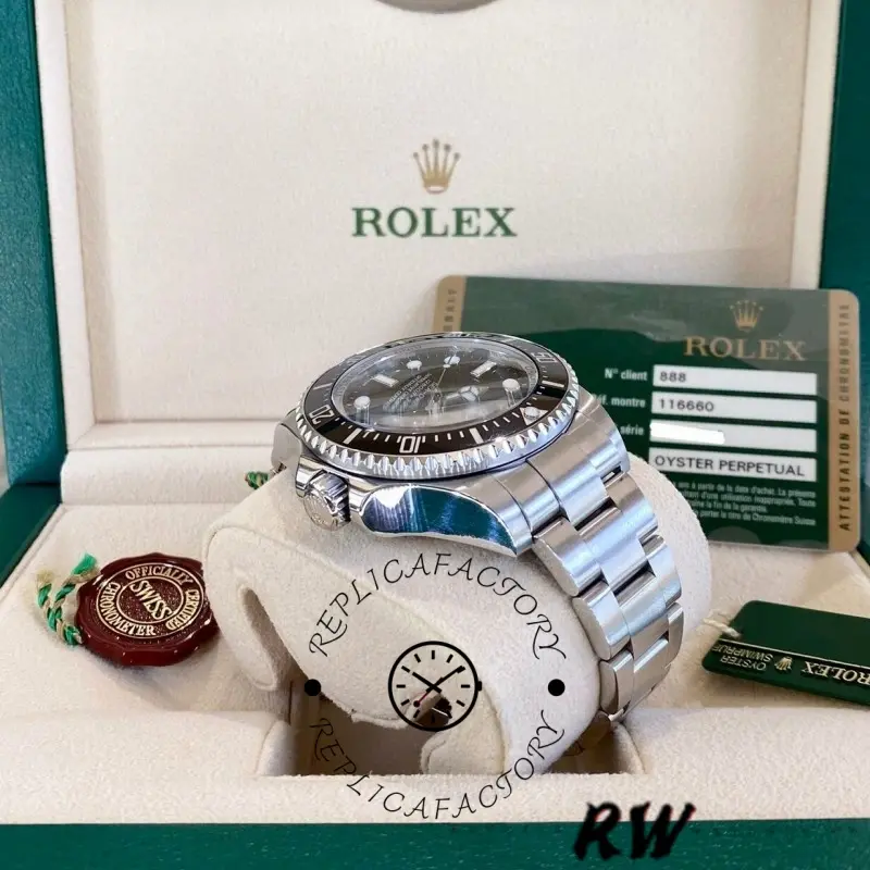 Rolex Sea-Dweller Deepsea 116660 full set showing watch, box, and certification card.