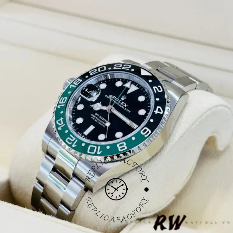 Side angle of Rolex GMT-Master II 126720VTNR on cushion showing case thickness.