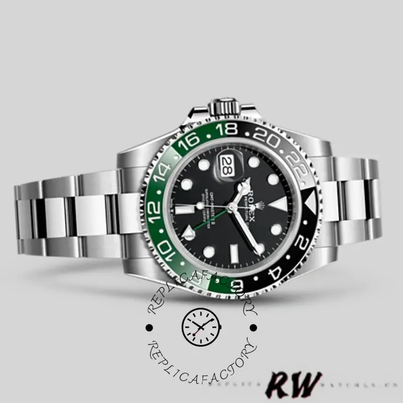 Studio-style front image of Rolex GMT-Master II 126720VTNR, black dial, green/black bezel.