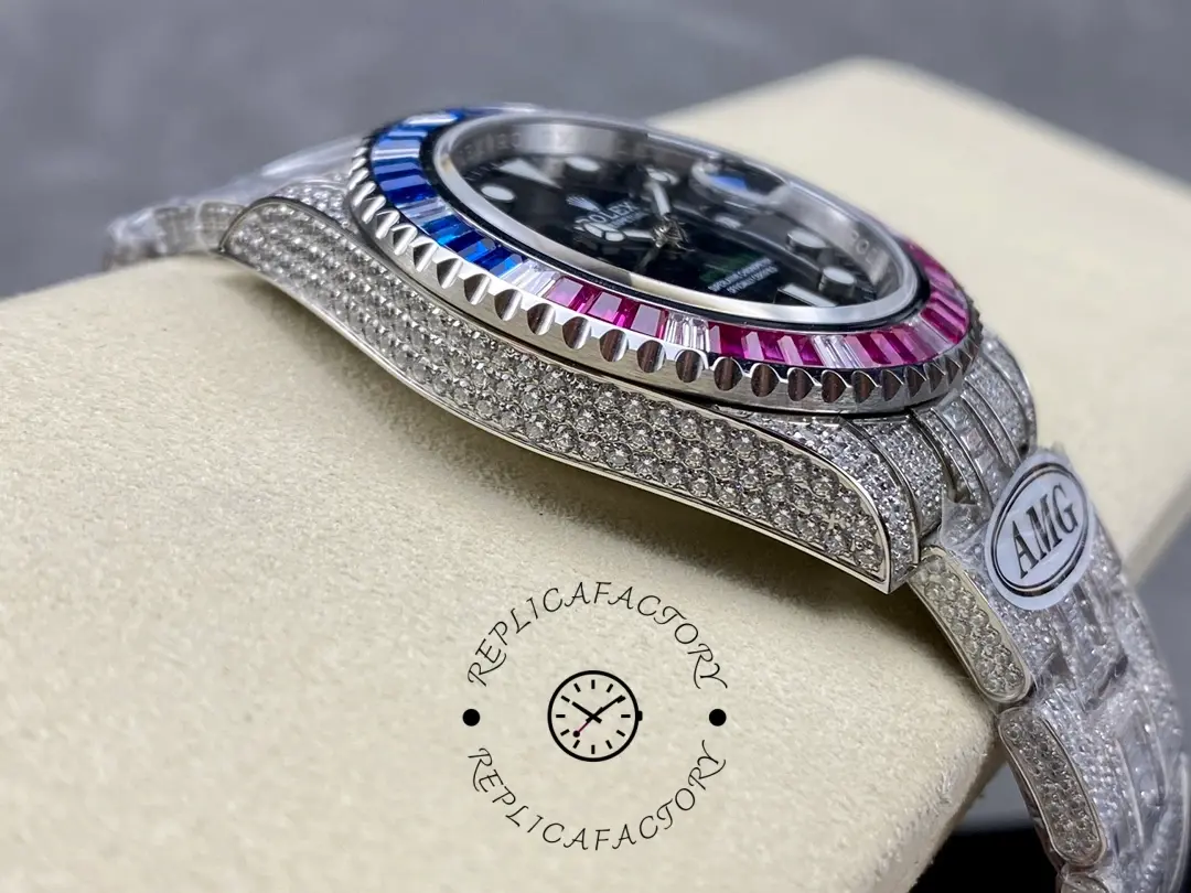 Side view of the Rolex GMT Master AMG 126710BLRO showing case profile and diamond bezel height.