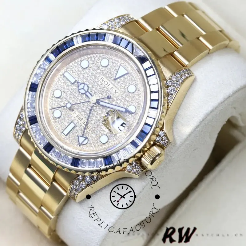 Angled close-up of the Rolex GMT-Master II 116758 showing bezel stones and case edge.