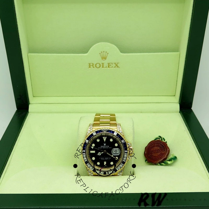 Rolex GMT-Master II 116758 in Rolex box display, watch presented with green box backdrop.