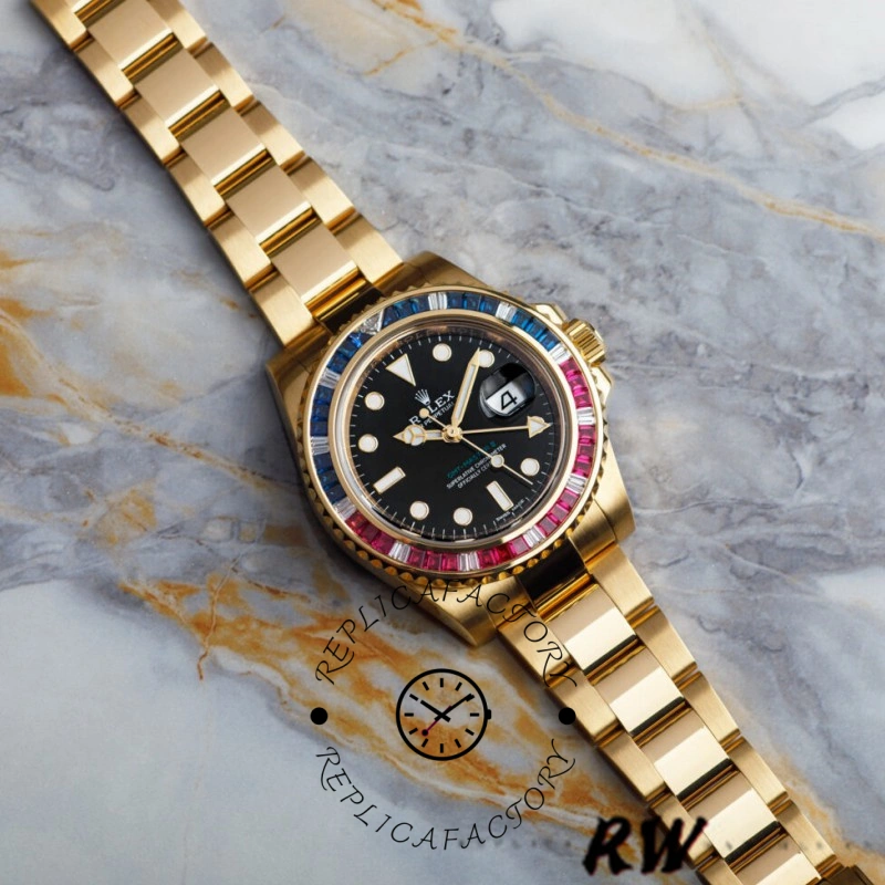 Rolex GMT-Master II 116758 full watch view, yellow gold bracelet and black dial, top view.