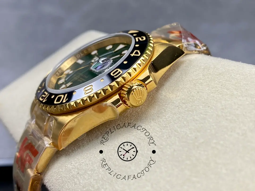 Rolex GMT-Master II 116718LN, angled side view showing lugs and polished gold crown.