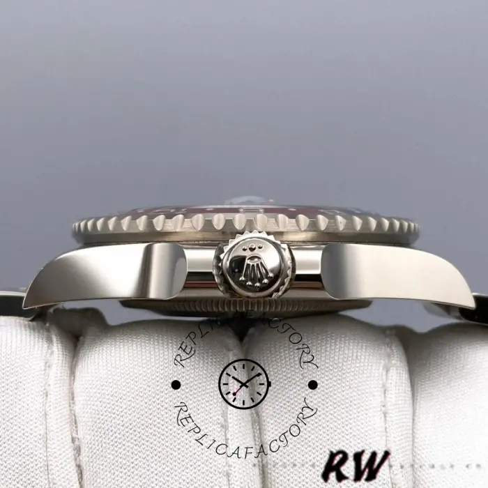 Side view of Rolex GMT-Master II 126719BLRO on glove, showing crown side and case profile.