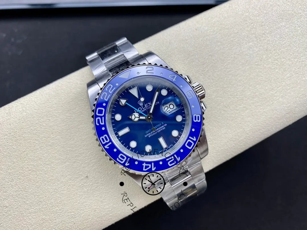 Rolex GMT-Master II 126710 “Wildman”, full watch on cushion showing Oyster bracelet fit.