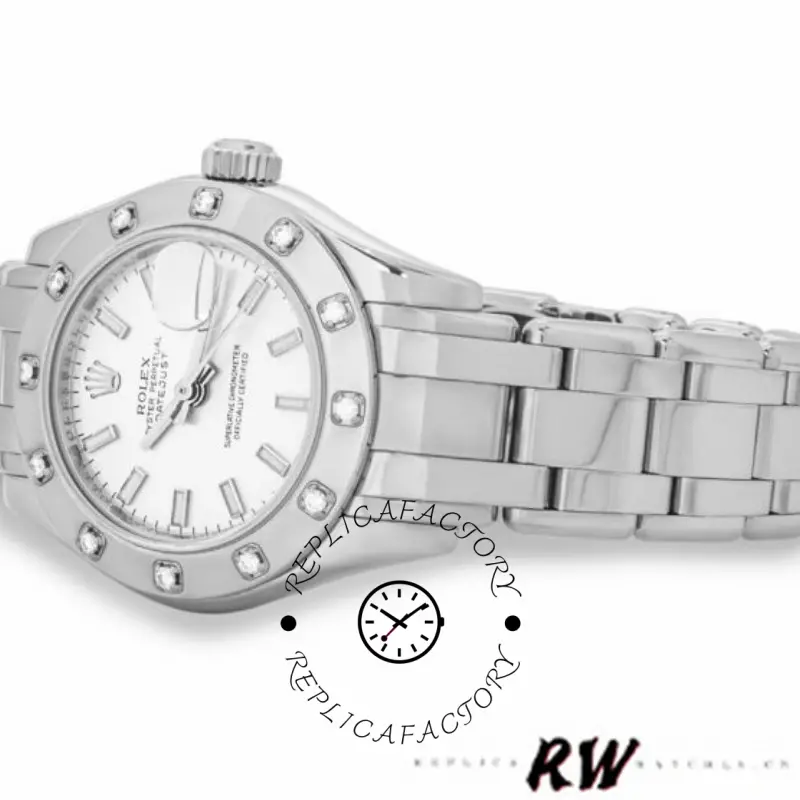 Rolex Pearlmaster 80319 bracelet underside view, links and clasp, white background.