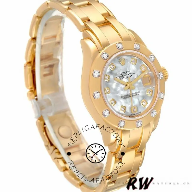 Angled view of Rolex Pearlmaster 80318 showing yellow gold case and diamond dial sparkle.