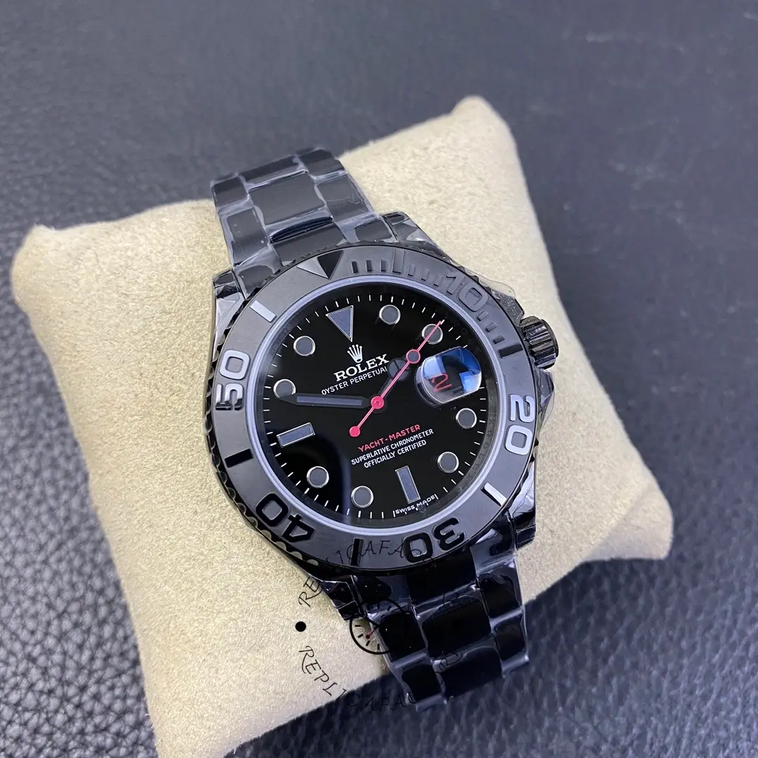 Rolex Yacht-Master 116622, angled view on cushion showing dial details and bracelet links.