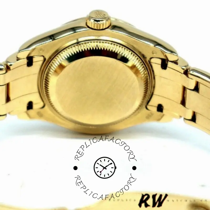 Caseback view of Rolex Pearlmaster 80298 showing solid back and yellow gold case.