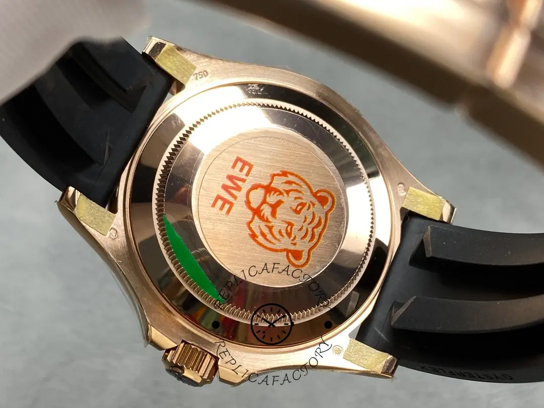 Rolex Yacht-Master 126655 case back close-up, stickered back and strap, rear detail view.