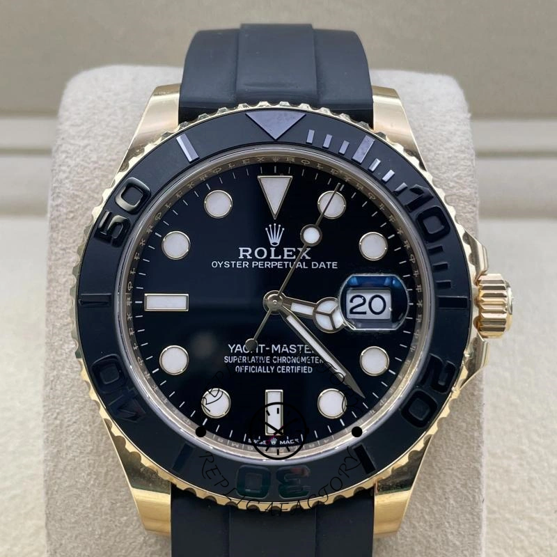 Close-up front view of the Rolex Yacht-Master M226658 0001 showing black dial and markers.