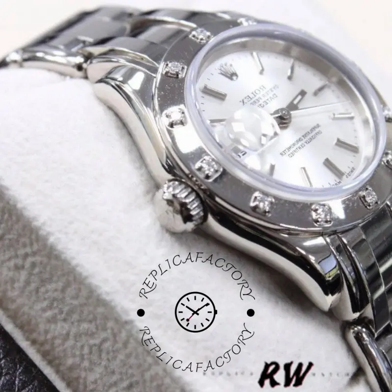 Rolex Pearlmaster 80319, angled close-up showing bezel, dial, and case on pillow.