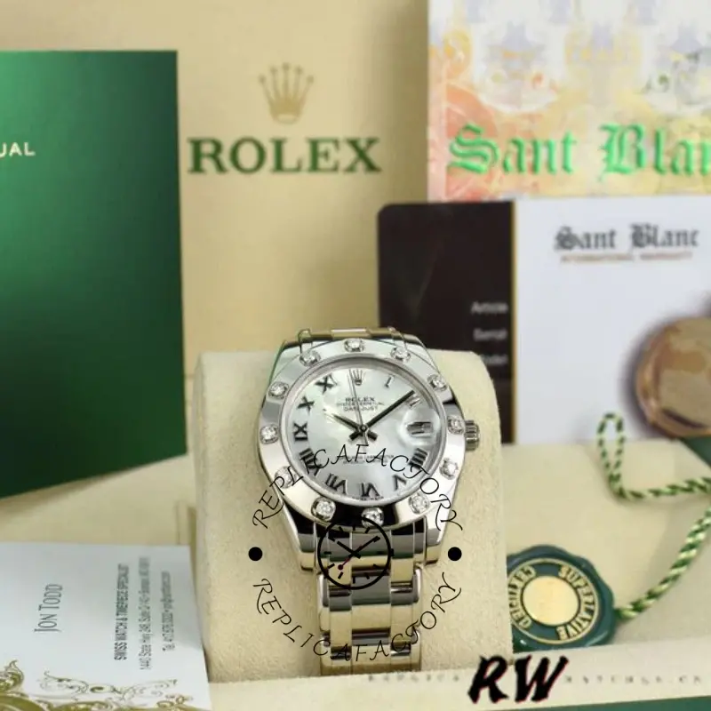 Rolex Pearlmaster 81319, full set photo with green box and accessories.
