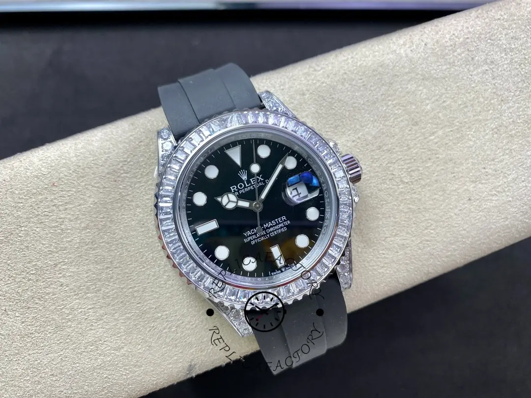 Full watch view of the Rolex Yacht-Master 226679TBR on pillow, black strap and case shown.