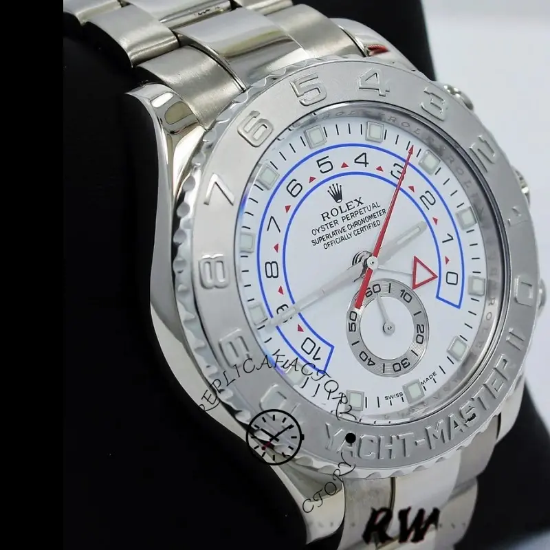 Studio close-up of Rolex Yacht-Master II 116689, white dial, bezel and subdials.