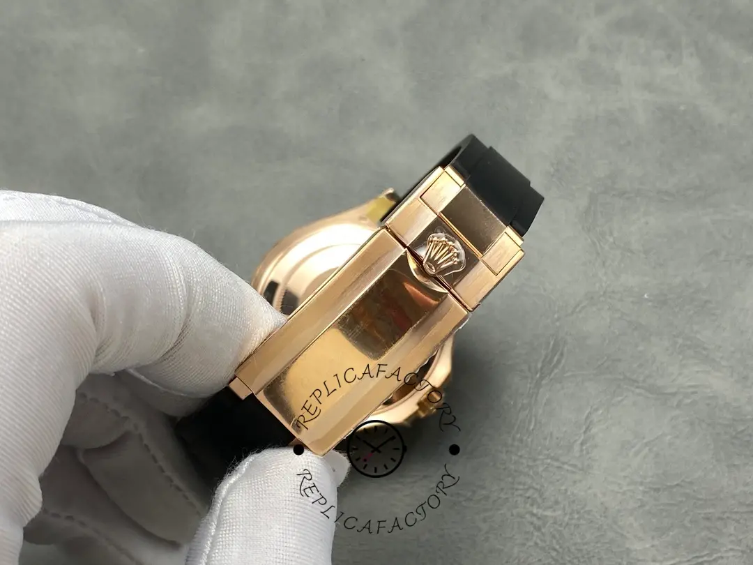 Rolex Yacht-Master 126655 strap buckle close-up, Oysterflex strap end and clasp hardware.