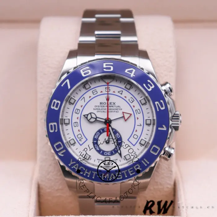 Rolex Yacht-Master II 116680, shot showing fit with blue bezel and white dial.