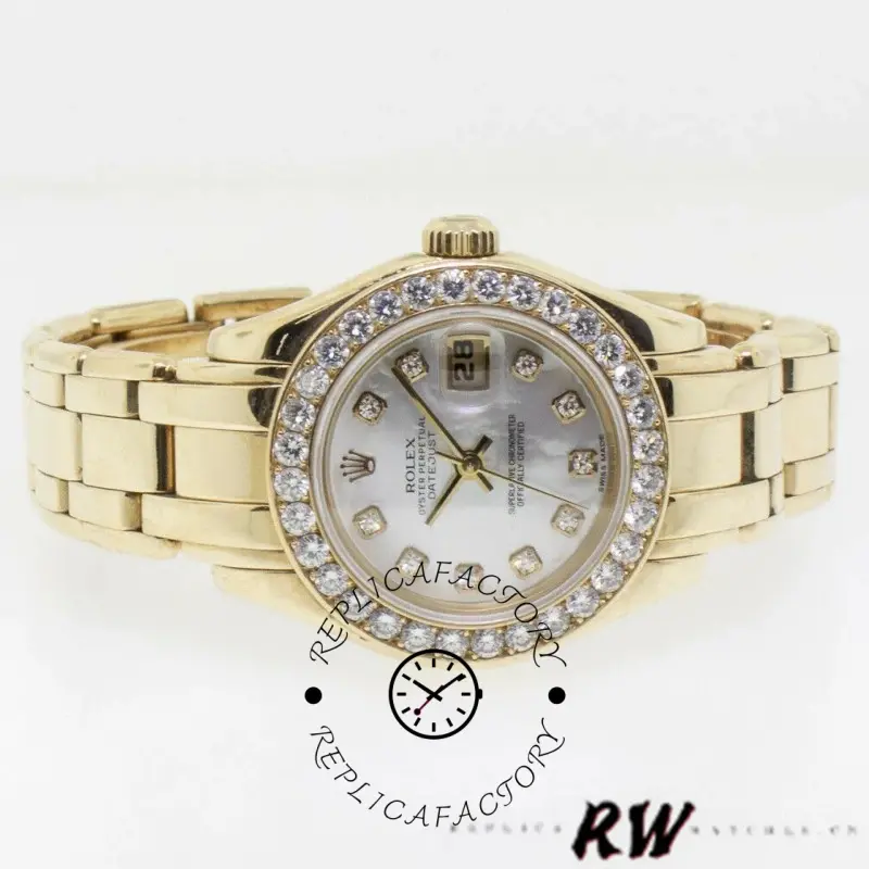 Rolex Pearlmaster 80298 on stand, white MOP dial and diamond bezel, front angle view.
