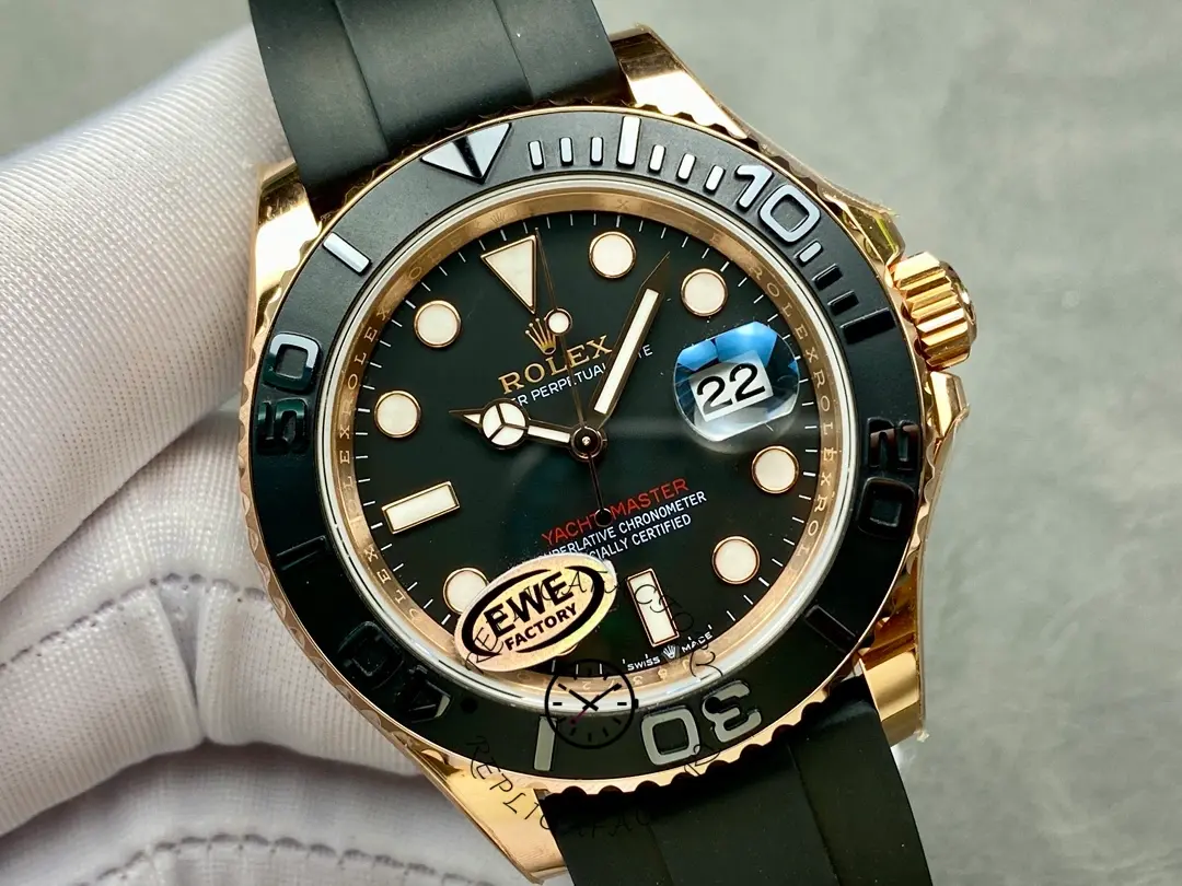 Rolex Yacht-Master 126655 held in glove, full watch view, black dial, Everose case, strap shown.