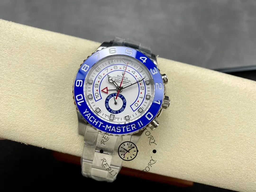 Rolex Yacht-Master II 116680, small front view on cushion showing full watch and bracelet.