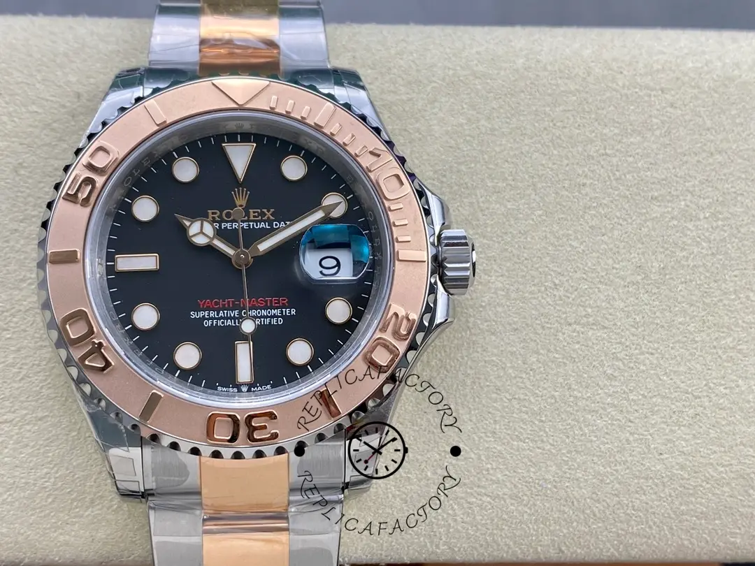 Rolex Yacht-Master 126621 on cushion, black dial and Everose bezel, rolesor bracelet, front view.