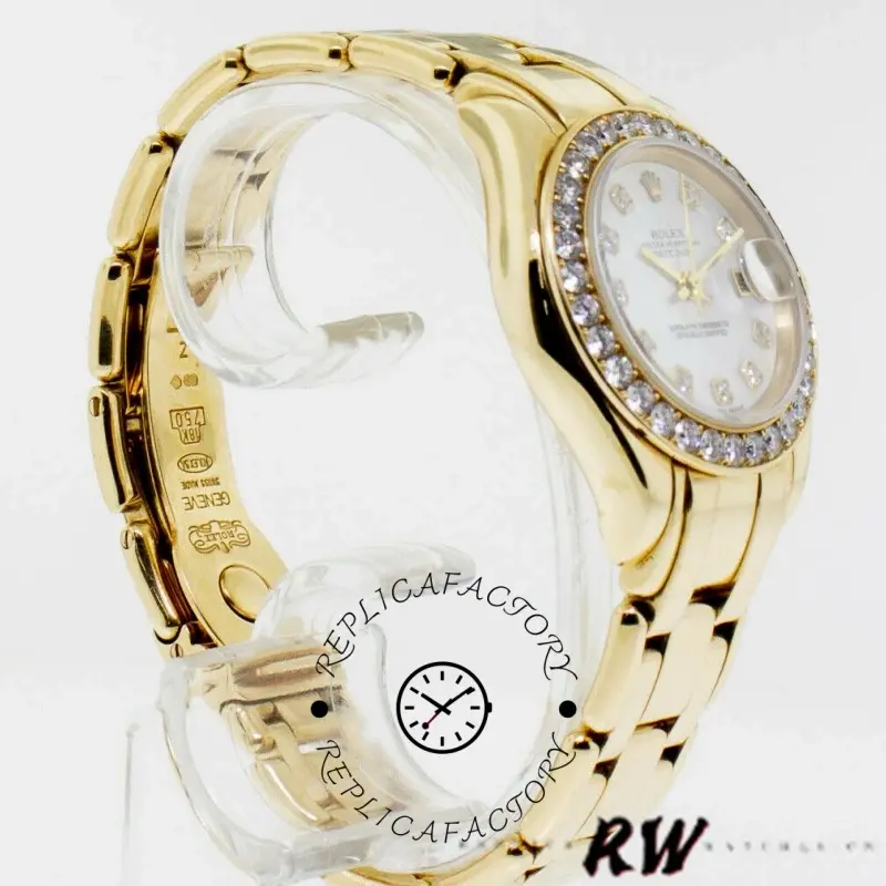 Rolex Pearlmaster 80298 angled view, white MOP dial and diamond bezel, yellow gold bracelet.